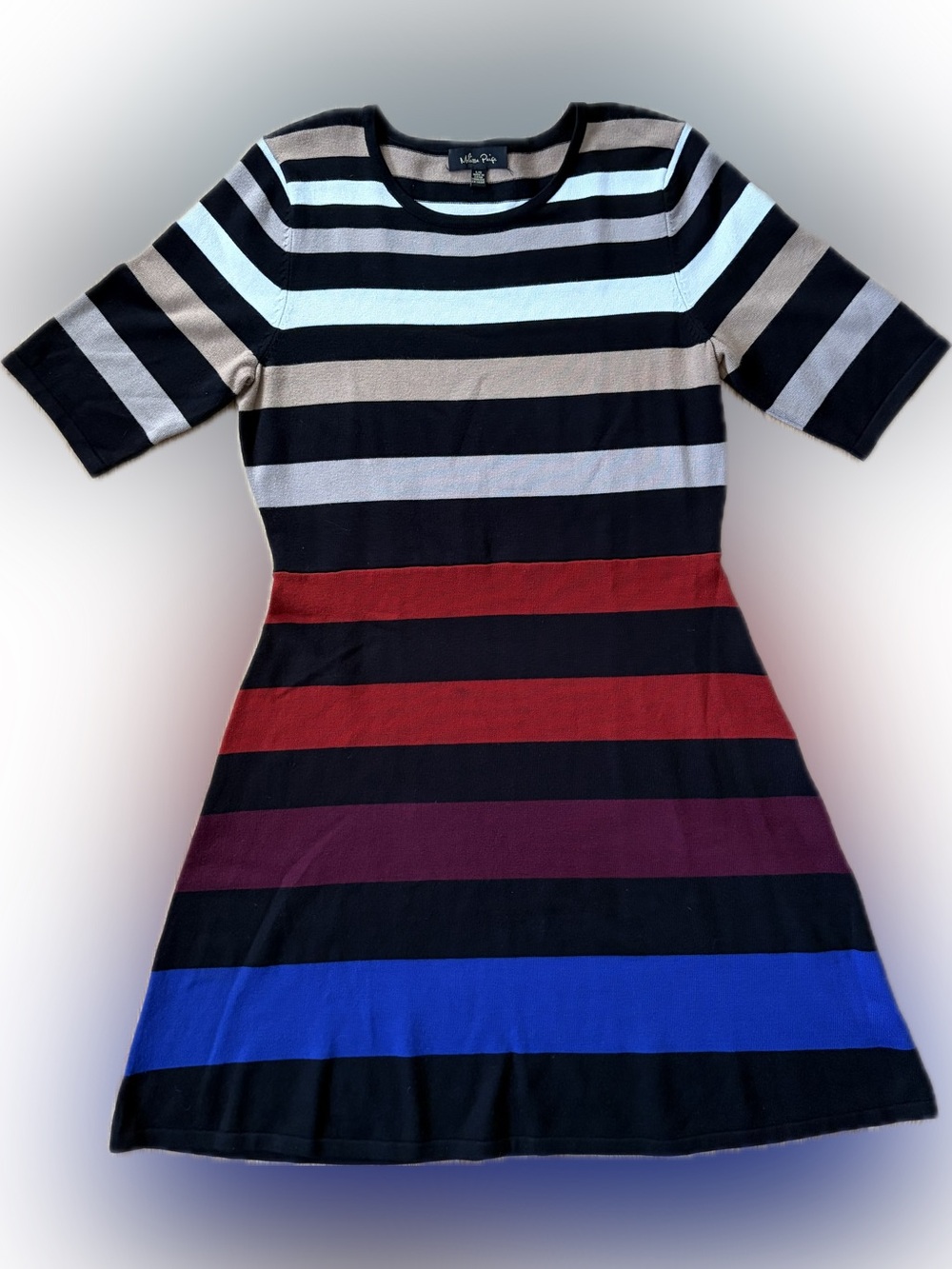 Melissa Paige Black, White, Cream, Red, Burgundy & Blue Striped Midi Dress